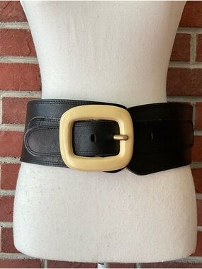 Ilona Goor Vintage 80’Wide Black Leather Waist Bone Buckle Adjustable Belt M/L